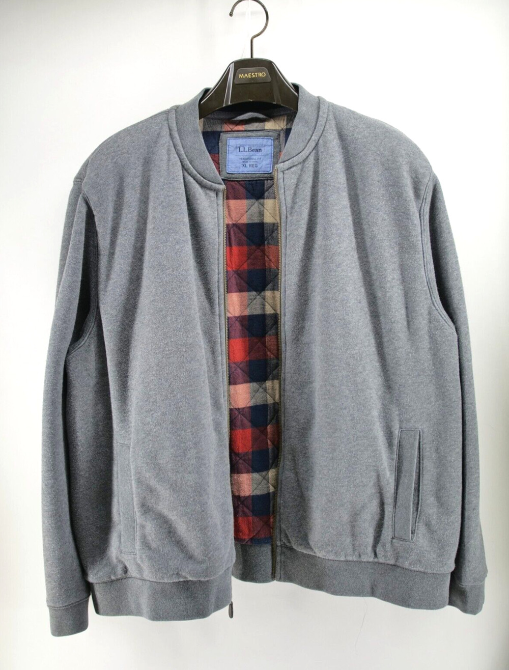 L.L. Bean Gray‎ Fleece & Tartan Plaid Quilted Lined Jacket Full Zip XL Reg